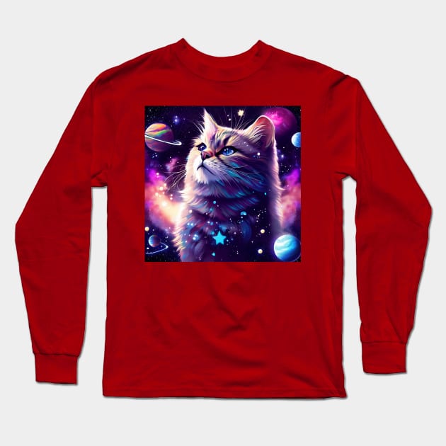 A majestic cat in outer space, surrounded by celestial bodies like stars, planets, and galaxies. Long Sleeve T-Shirt by maricetak